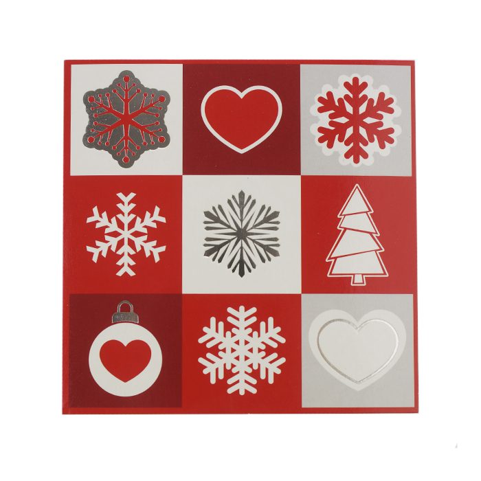 Julkort med fyrkanter och olika julmotiv i vitt rött och silver