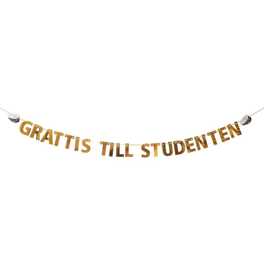 En girlang med guld bokstäver "GRATTIS TILL STUDENTEN" samt två studentmössor