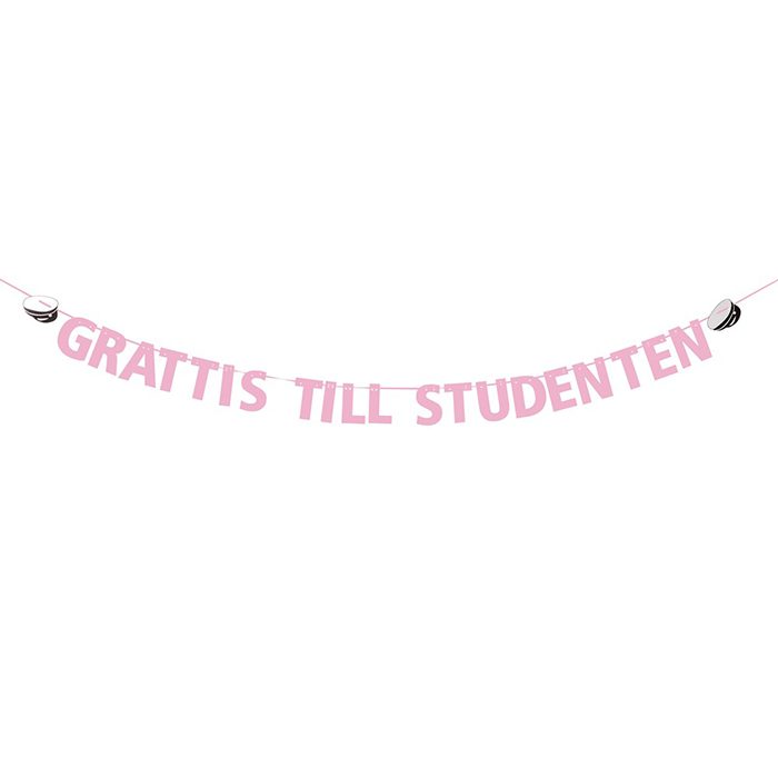 En girlang med rosa bokstäver "GRATTIS TILL STUDENTEN" samt två studentmössor