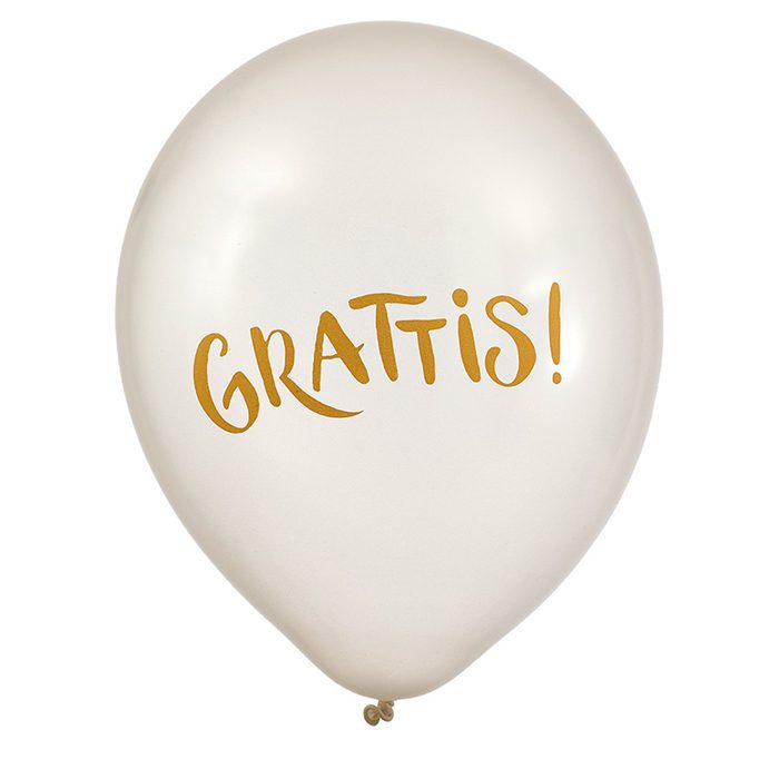 Vit ballong med text grattis i guld