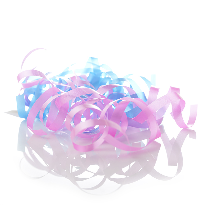 Swirls Lockade/krullade presentband i olika toner med en dubbelhäftande tejp rosa och blå