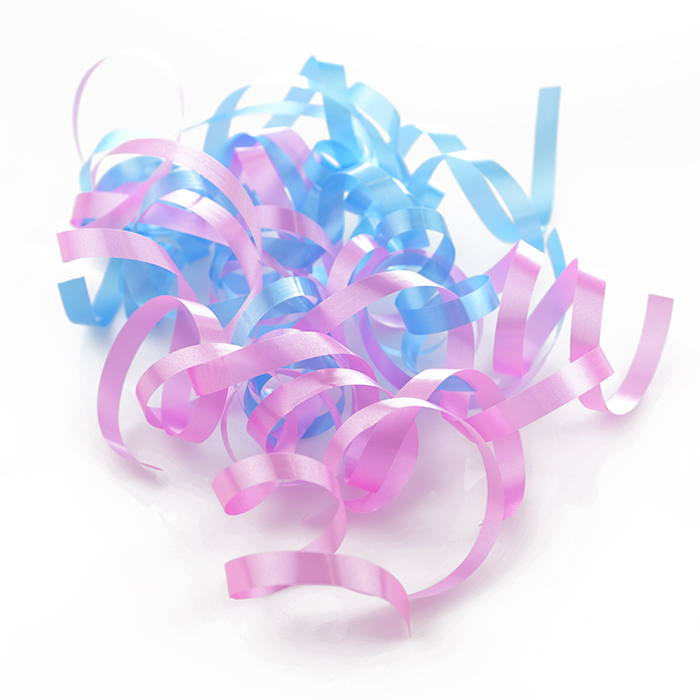 Swirls Lockade/krullade presentband i olika toner med en dubbelhäftande tejp rosa och blå