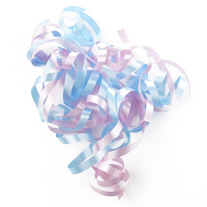 Swirls Lockade/krullade presentband i olika toner med en dubbelhäftande tejp rosa och blå