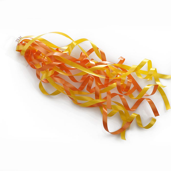 Swirls Lockade/krullade presentband i olika toner med en dubbelhäftande tejp gult och orange