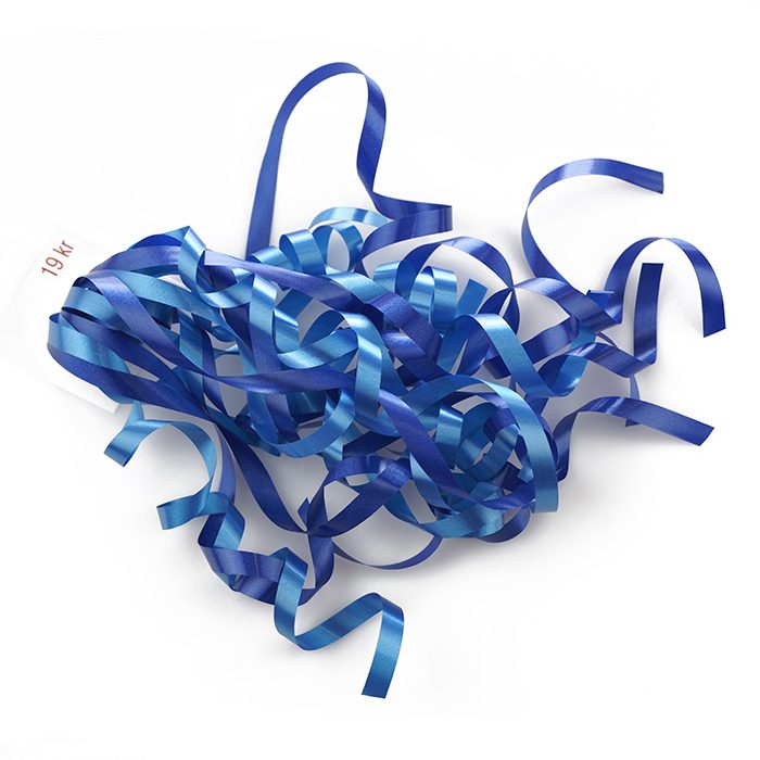 Swirls Lockade/krullade presentband i olika toner med en dubbelhäftande tejp blå
