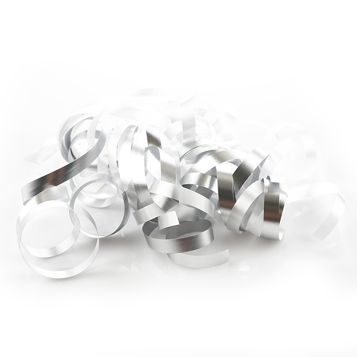 Swirls Lockade/krullade presentband i olika toner med en dubbelhäftande tejp silver