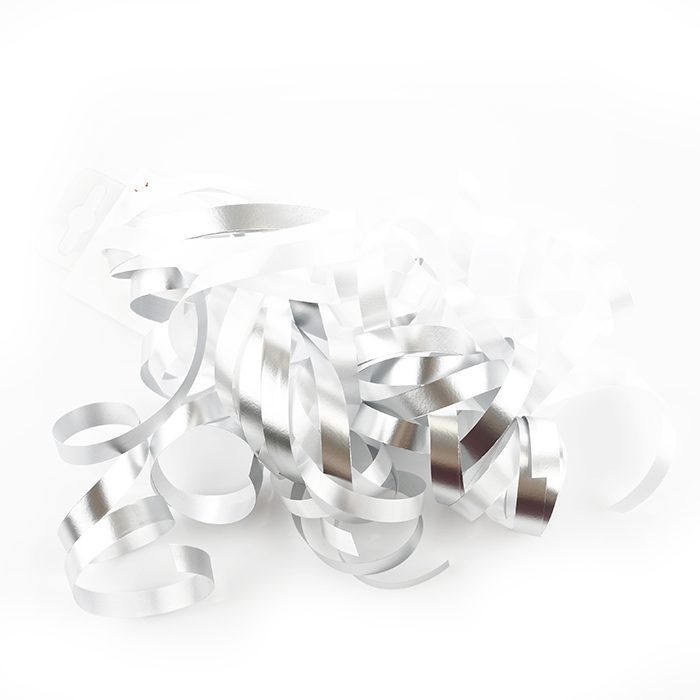 Swirls Lockade/krullade presentband i olika toner med en dubbelhäftande tejp silver