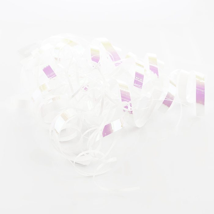Swirls Lockade/krullade presentband i olika toner med en dubbelhäftande tejp vitt och skimrande vitt