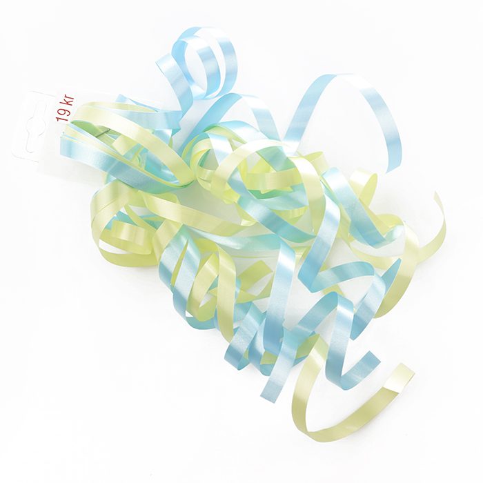 Swirls Lockade/krullade presentband i olika toner med en dubbelhäftande tejp Gult och blått