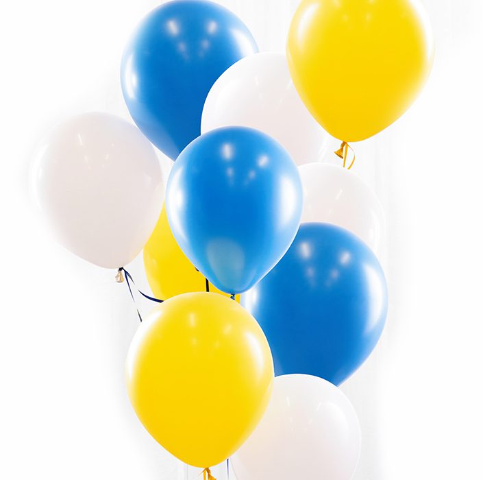 Ballongbukett Student Sverige, Ett fång med gula, blå och vita ballonger