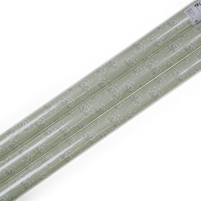 Presentpapper ljusgrönt med kvistar med vita bollar