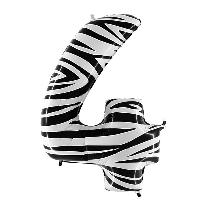 Foliesiffra zebra 100 cm. En stor folieballong i zebramönster. Siffran 4