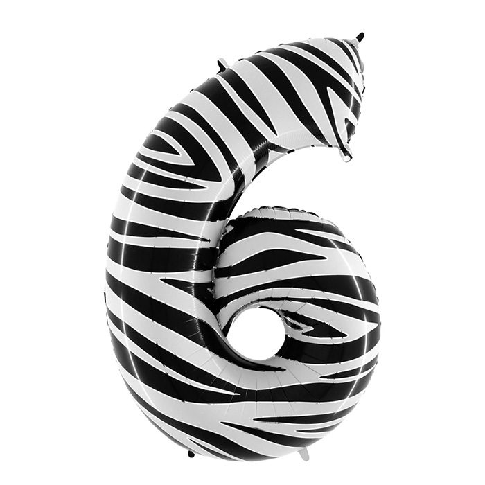 Foliesiffra zebra 100 cm. En stor folieballong i zebramönster. Siffran 6