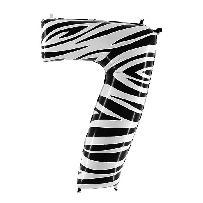 Foliesiffra zebra 100 cm. En stor folieballong i zebramönster. Siffran 7