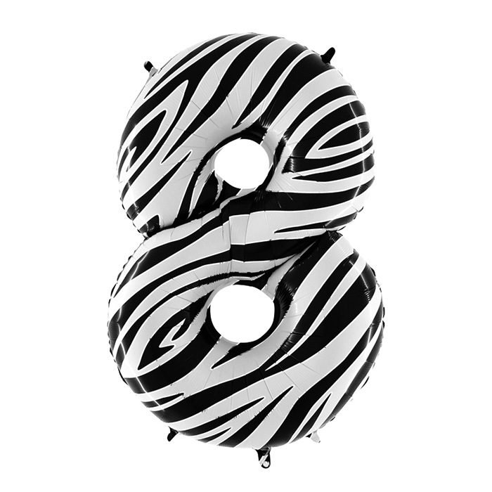 Foliesiffra zebra 100 cm. En stor folieballong i zebramönster. Siffran 8