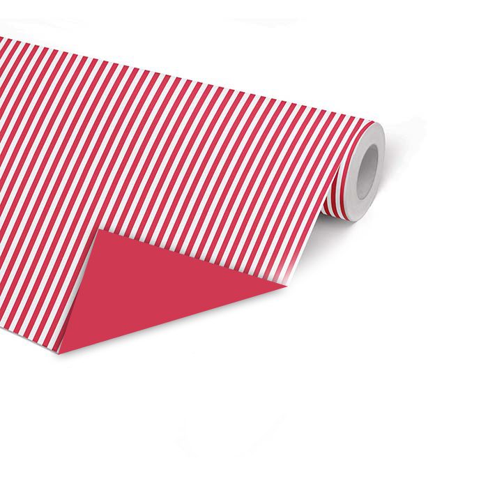 Presentpapper på metervara. Papprets bredd är 57 cm och längden väljer man själv. Ett vackert papper, vitt med röda ränder på ena sidan och enfärgat rött på den andra
