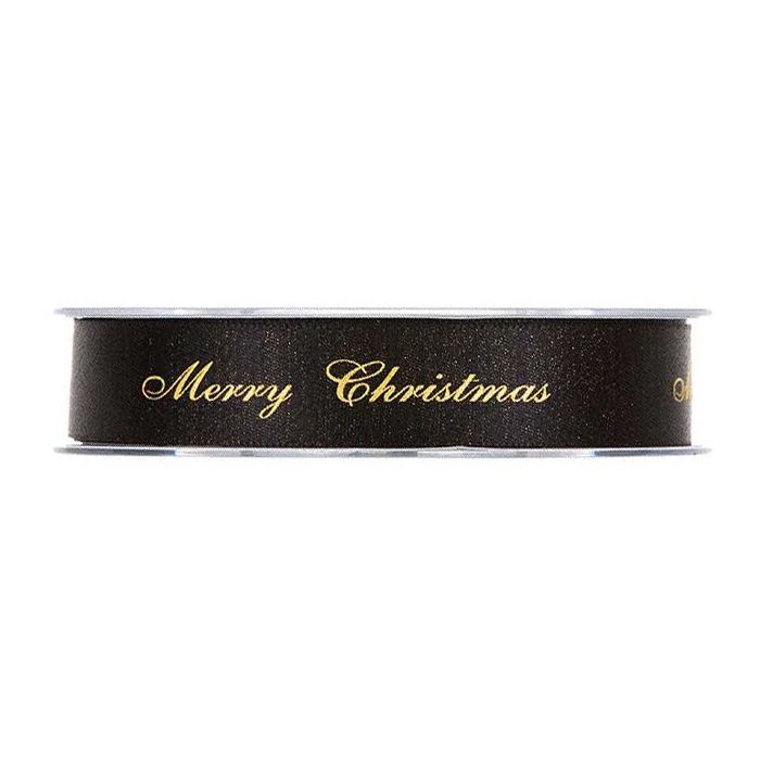 Ett svart satinband med text "Merry Christmas" i guld