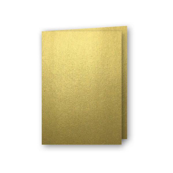 Dubbelt A5 kort av antikrandat (strukturerat), syrafritt och arkivbeständigt papper. Ytvikt: 220g, Guld
