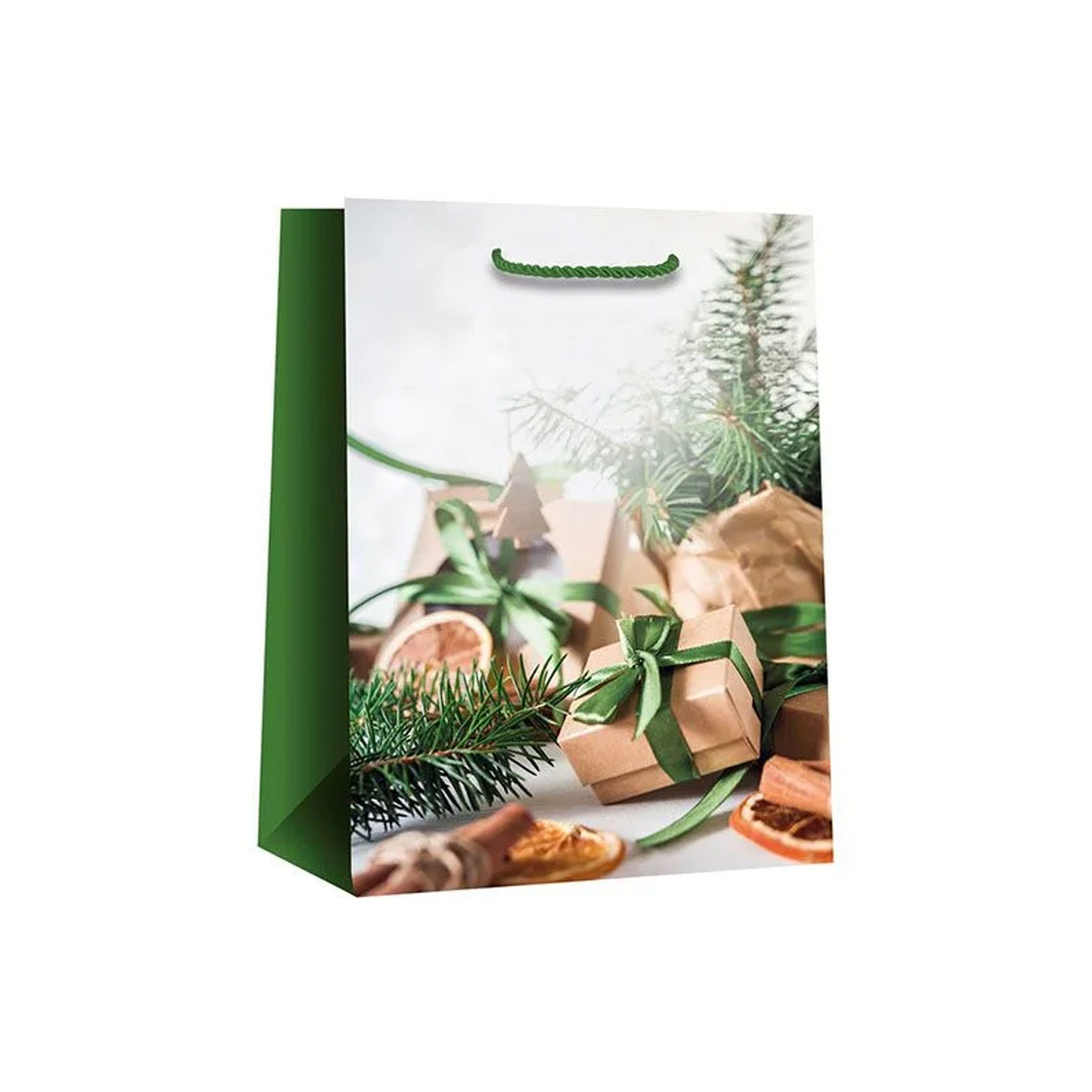 Presentpåse Julpåse Paket med gröna band, granris, kottar och julens frukter