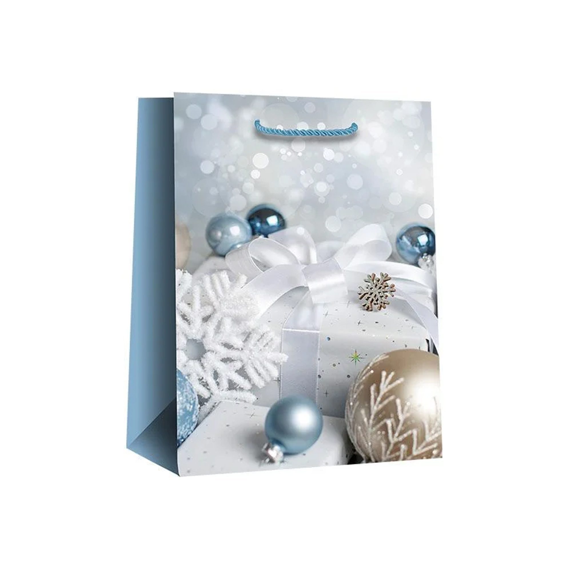 Presentpåse Julpåse Isblå, snöflingor, vitt paket med vita satinband, blå och guldfärgade julkulor.