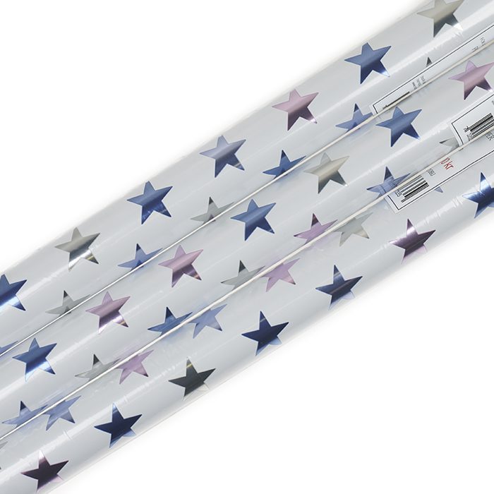 Ett vackert papper, vit botten och stjärnor i blått, rosa, guld och silver metallic