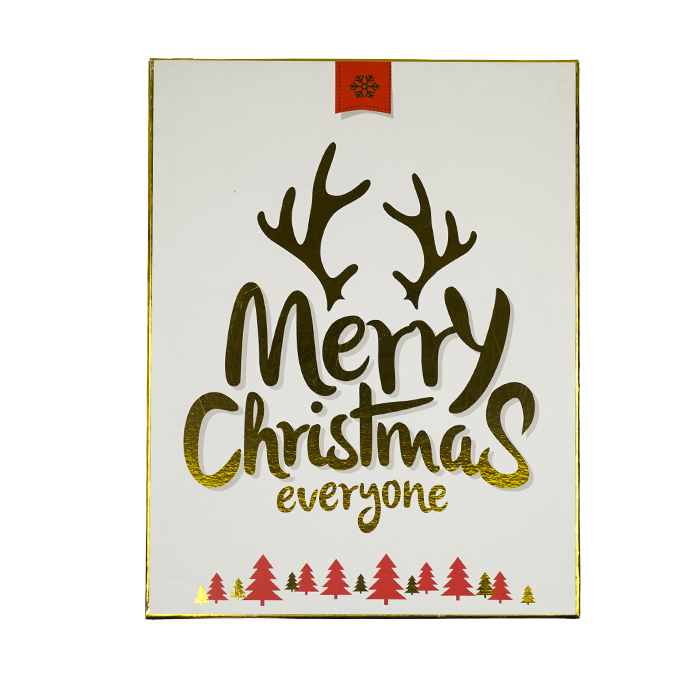 Julbox med text Merry Christmas Everyone och renhorn i guldtryck