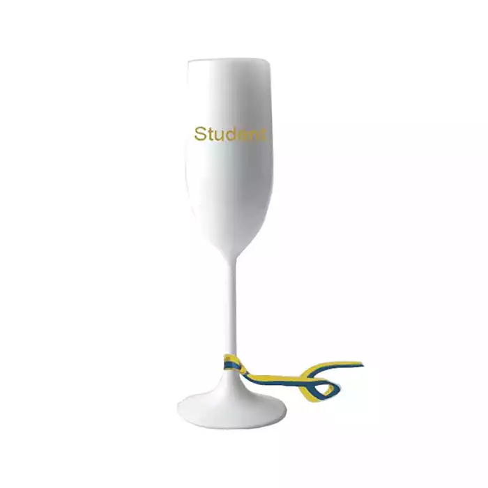 Student Champagneglas med band vitt med text i guld med gult och blått band