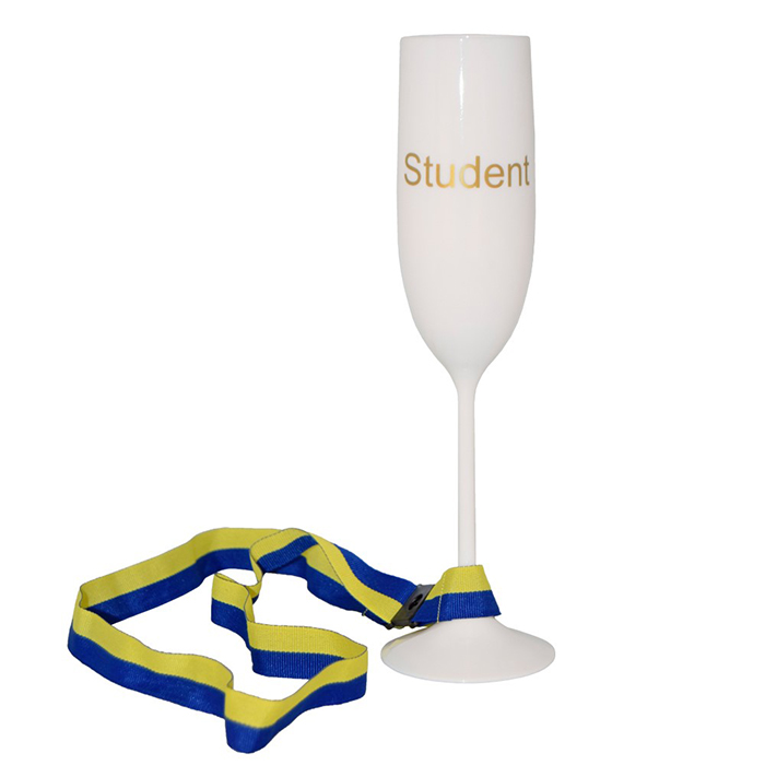 Student Champagneglas med band vitt med text i guld med gult och blått band