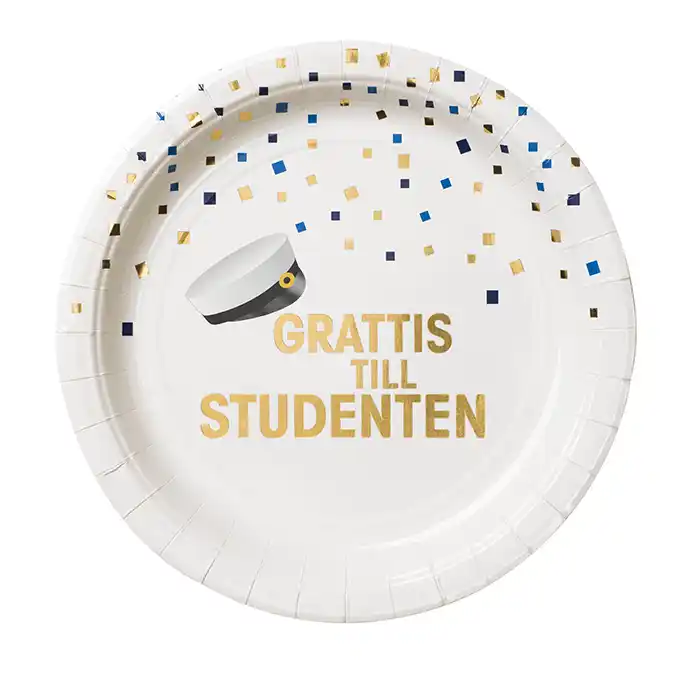 Papperstallrik med konfettimönster i guld och blått med text Grattis till studenten i guldfolie