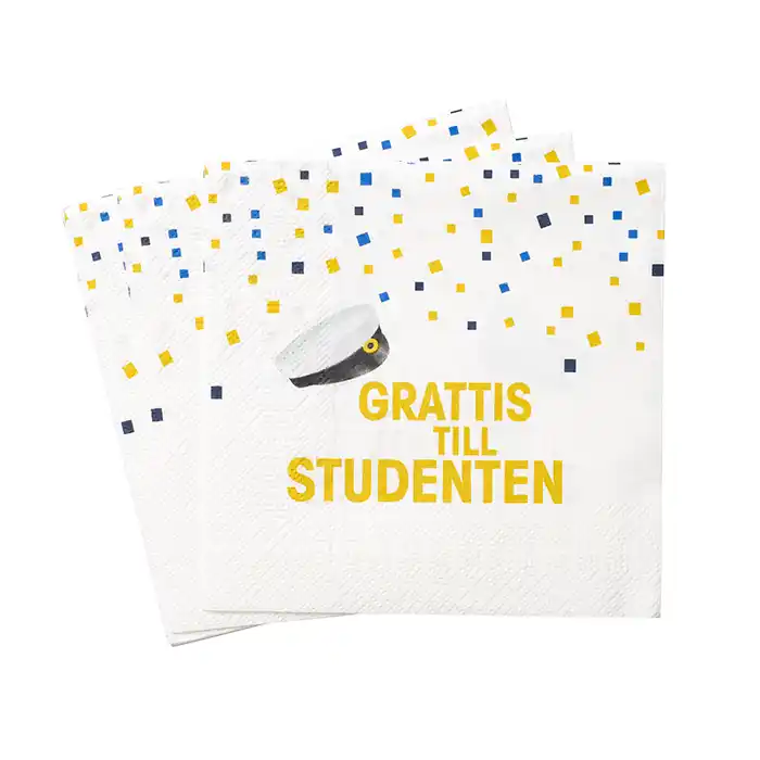 Servetter med text i guldfolie Grattis till Studenten och gul och blå konfetti