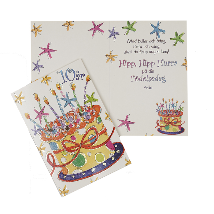 Dubbelt kort Födelsedagskort 10 år och tårta med ljus