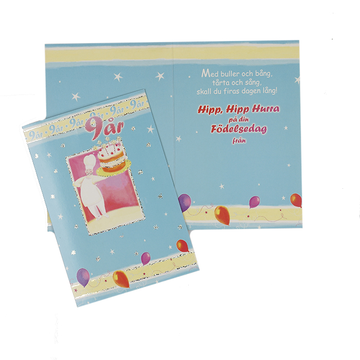 Dubbelt kort Födelsedagskort 9 år tårta