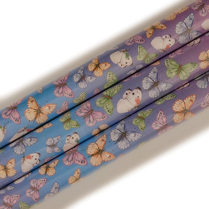 Presentpapper med fjärilar på blå botten