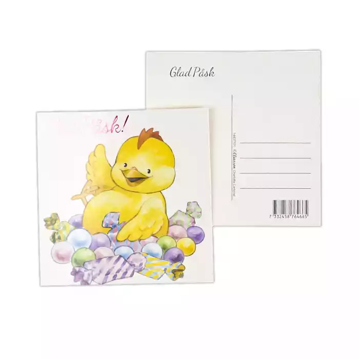 Kyckling som frossar i godis. Texten "Glad Påsk" är i lila folie. Efter original av: Charlotta Carlqvist