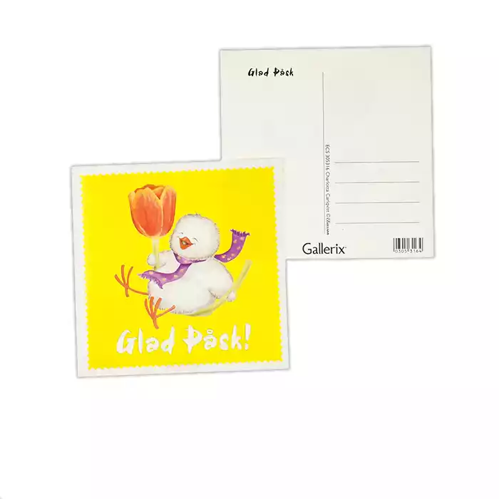 Kyckling med tulpan. Den vita ramen samt texten är beströdda med glitter. Efter original av: Charlotta Carlqvist