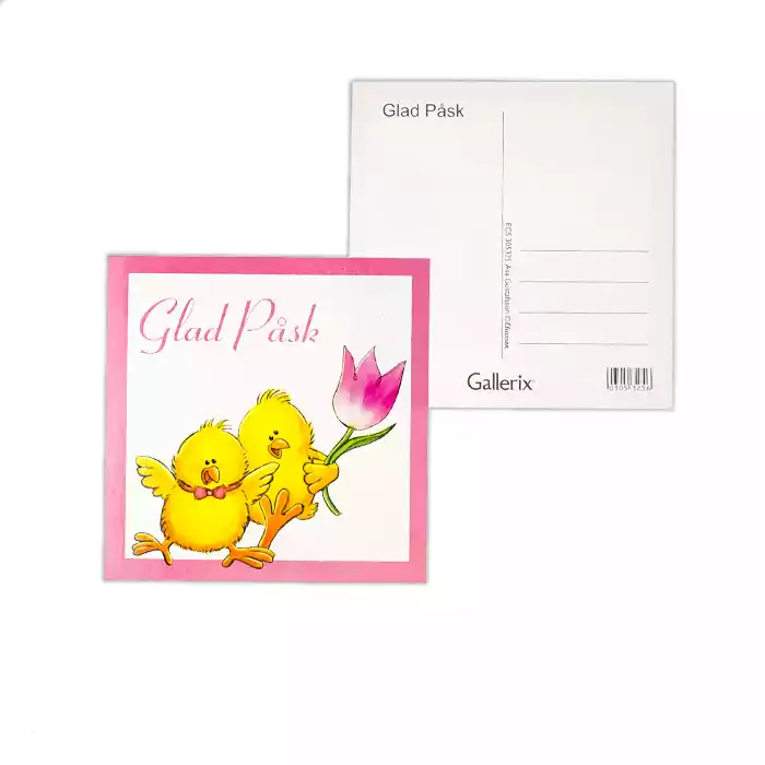 Kycklingar med tulpaner. Den vita bakgrunden är glittrig. Efter original av: Åsa Gustafsson