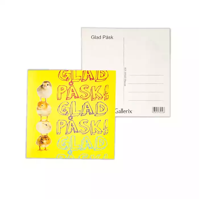 gult kort med kycklingar och text "PÅSK"