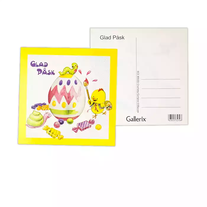 Kompisar som målar ägg. Den vita bakgrunden är glittrig. Efter original av: Charlotta Carlqvist