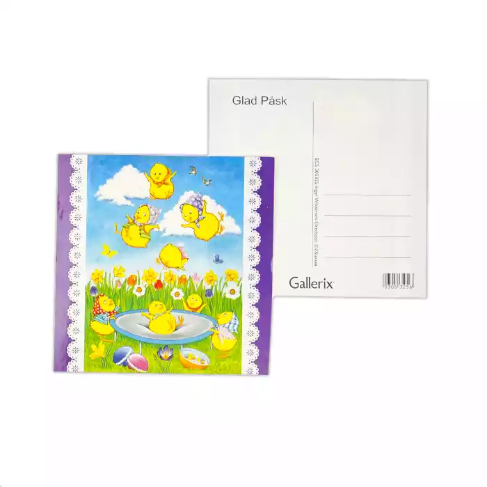 Kycklingar på studsmatta Lila kant med glittrig spets. Alla kortets vita detaljer är beströdda med glitter. Efter original av: Inger Wikström Oredsson