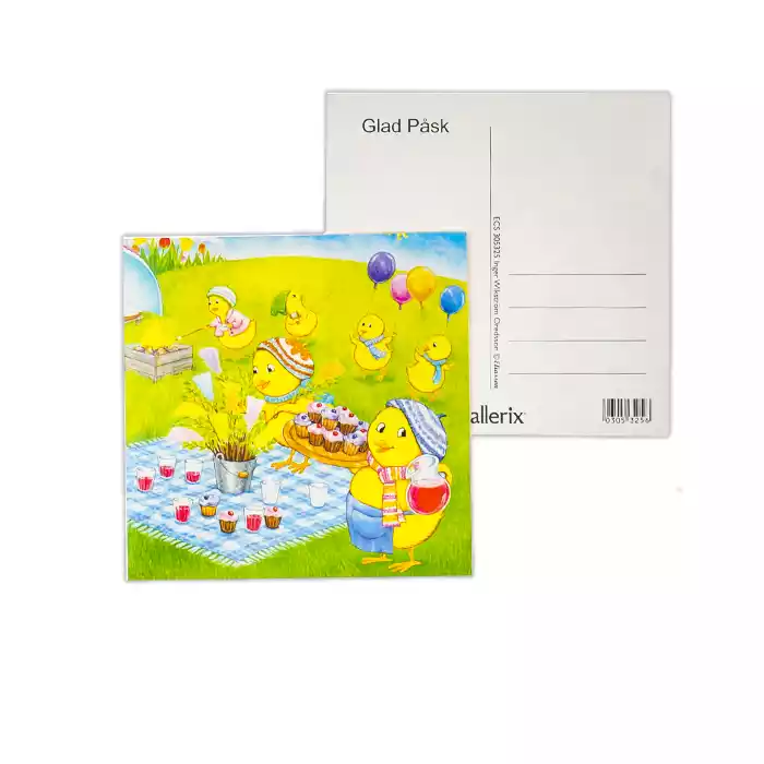 Kycklingar på utflykt. Fjädrarna och cupcakes har små glittriga inslag. Efter original av: Inger Wikström Oredsson