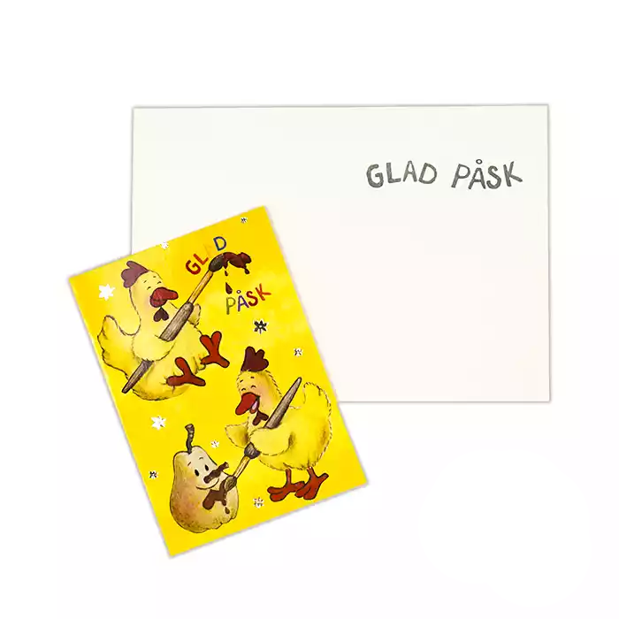 Kycklingar som målar. De små blommorna är i silverfolie. Efter original av: Jessica Börjesson