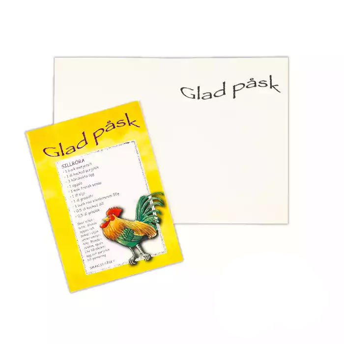 Tupp och recept på sillröra. Kanten runt receptet är i silverfolie. Efter original av: Eva Dahlberg