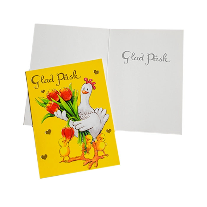 Höna med en bukett med tulpaner